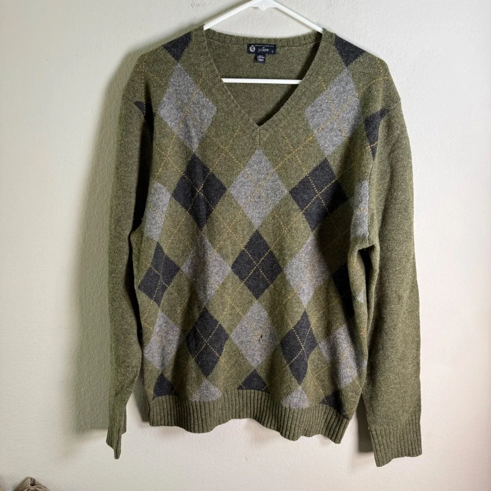 J.Crew Mens Lambswool Argyle V-Neck Sweater‎ Olive Green Grey Large L
